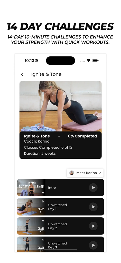 Flo Pilates - Flo Pilatesアプリのインターフェース、ビデオレッスン付きの14日間Ignite and Toneフィットネスチャレンジを表示。