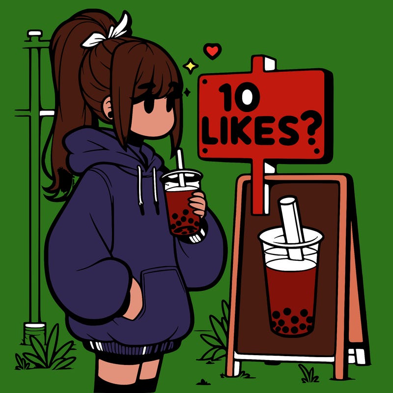girl with oversized hoodie drinking boba and she has a high ponytail with a sign that says 10likes?