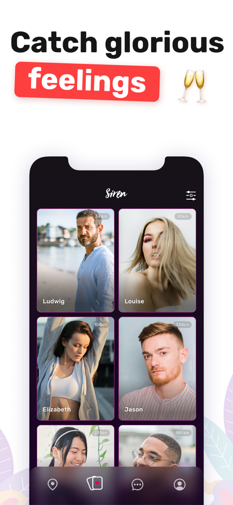 A grid of diverse user profiles on the Siren dating app for singles over 30.