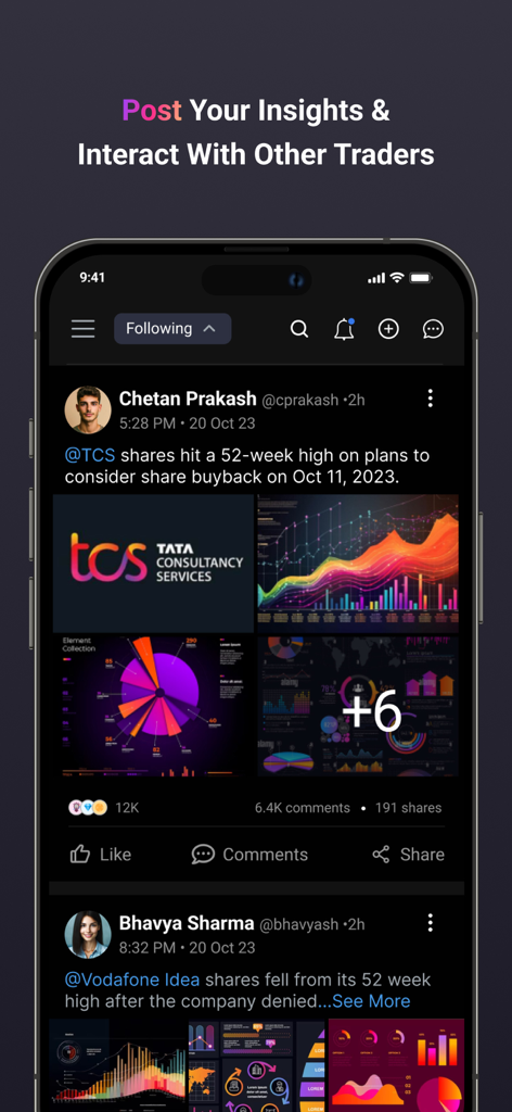 Whalesbook - Whalesbook social trading feed showing market insights and stock charts
