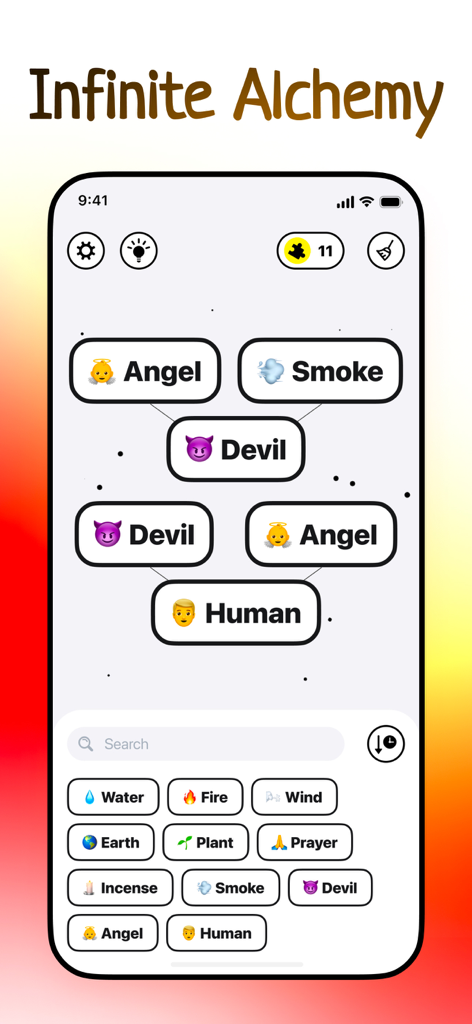 Infinite Alchemy - AI Craft - A gameplay screenshot of Infinite Alchemy showing elements like Angel Smoke and Devil being combined on a digital canvas