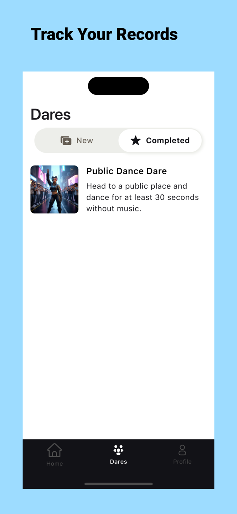 Jitter - La schermata delle sfide completate nell'app Jitter che mostra un record di sfida di ballo pubblico.