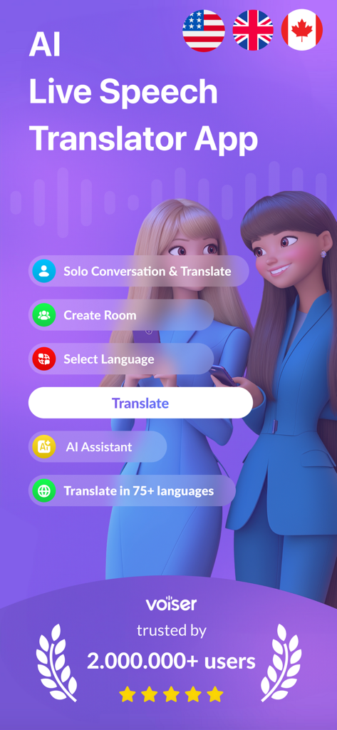 AI Live Speech Translator App - AIリアルタイム音声翻訳アプリのホーム画面。ソロ会話やルーム作成などの機能が表示されています。