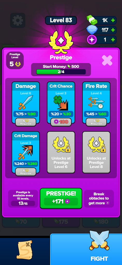 エイジブレイカーズのゲームプレステージメニュー。ダメージと連射速度のアップグレードが表示されている。