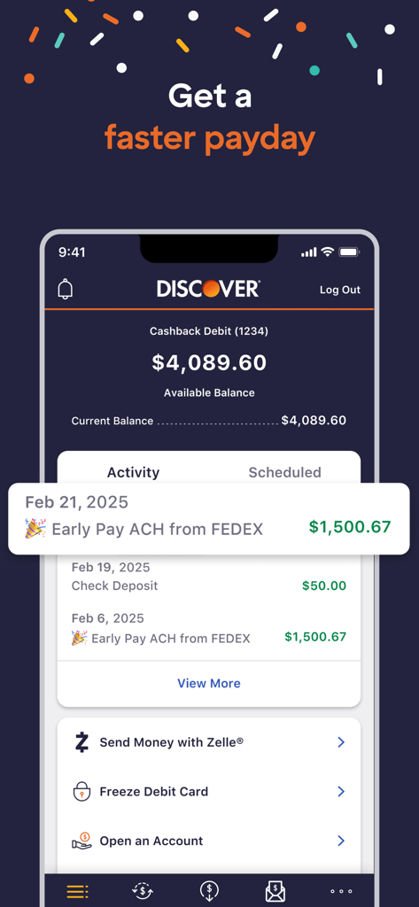 Discover Mobile app interface showcasing the early payday feature and available account balance