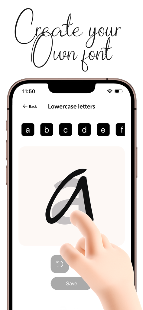 A person drawing a lowercase letter on a phone screen to create a custom handwriting font