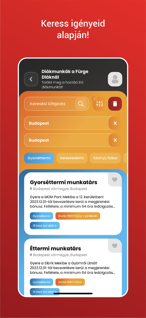 Fürge Diák Iskolaszövetkezet - Mobile app interface of Furge Diak showing student job opportunities and search filters in Budapest