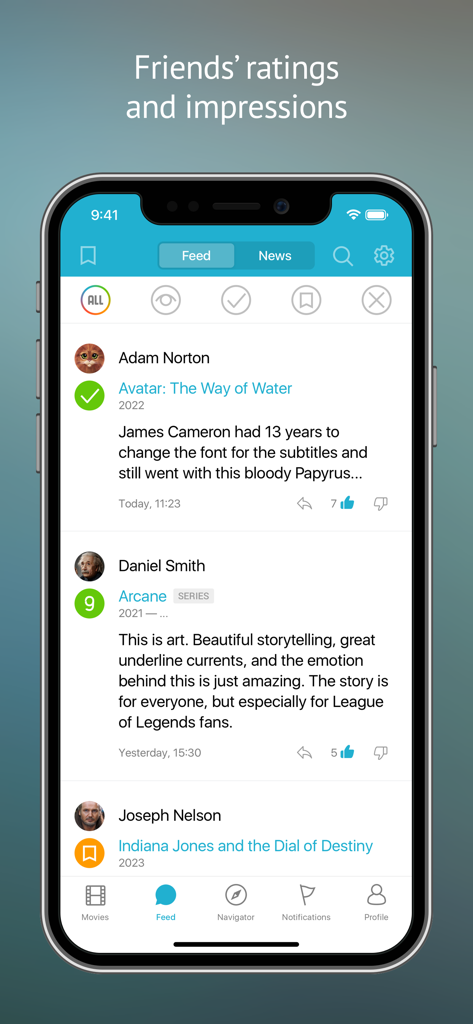 Kinorium: All movies and shows - Feed social nell'app Kinorium che mostra valutazioni e recensioni di film dagli amici
