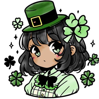 a manga-style girl with clovers around her, a little hat in her hair, like it's saint patrick's day