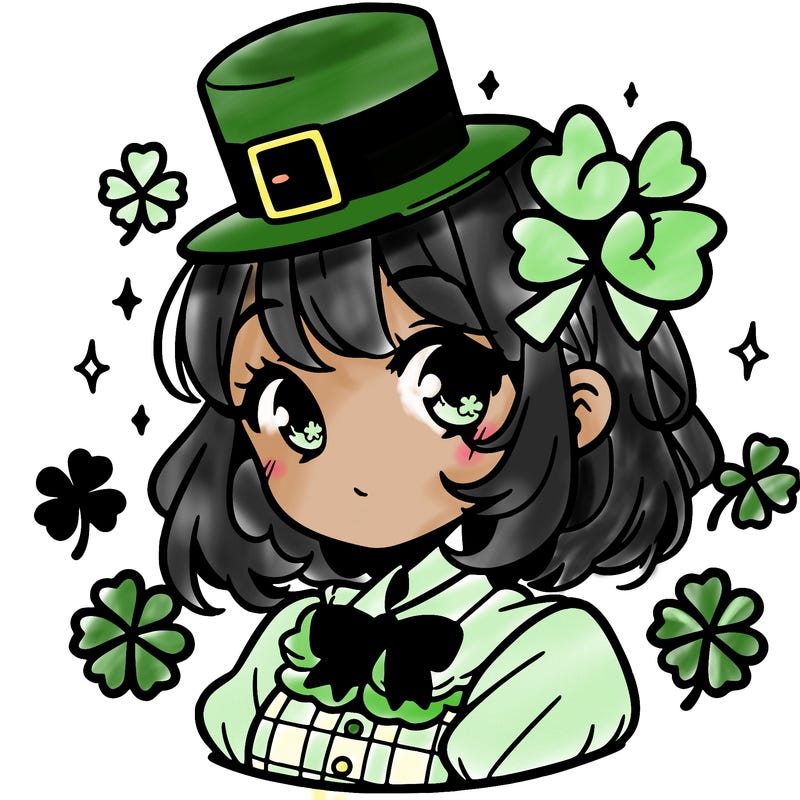 a manga-style girl with clovers around her, a little hat in her hair, like it's saint patrick's day
