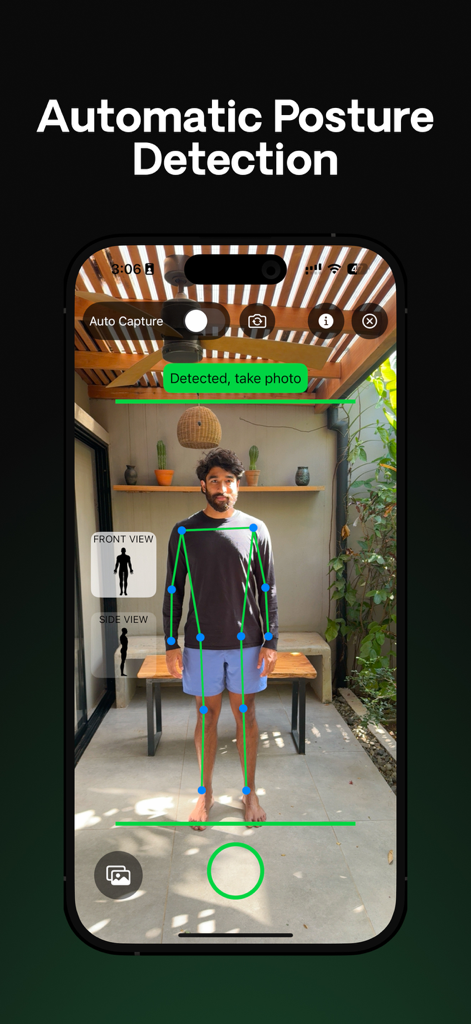 Posture AI: Correct My Posture - アライメント分析のために、AIスケルトンオーバーレイが人物に適用された、自動姿勢検出を示すスマートフォンの画面。