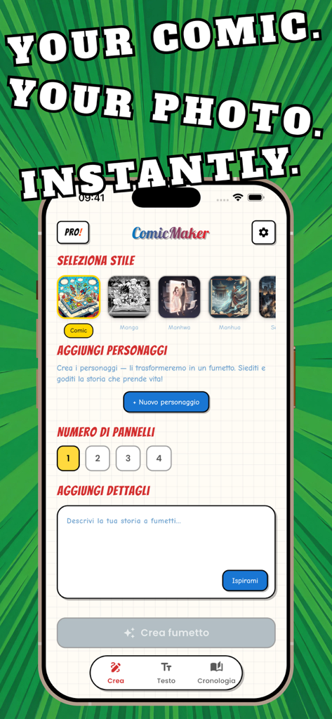 KAI webtoon comic maker - The user interface of the KAI Webtoon Comic Maker app showing style selection, character creation, and comic panel options.