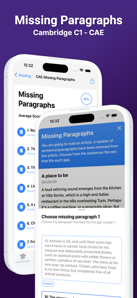 English C1 CAE - App-Oberfläche für English C1 CAE, die eine Leseübung mit fehlenden Absätzen zur Prüfungsvorbereitung zeigt