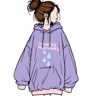 realistic girl with a oversized sweatshirt on and a bun