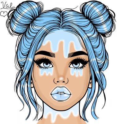 realistic girl with two buns on her hair and lips