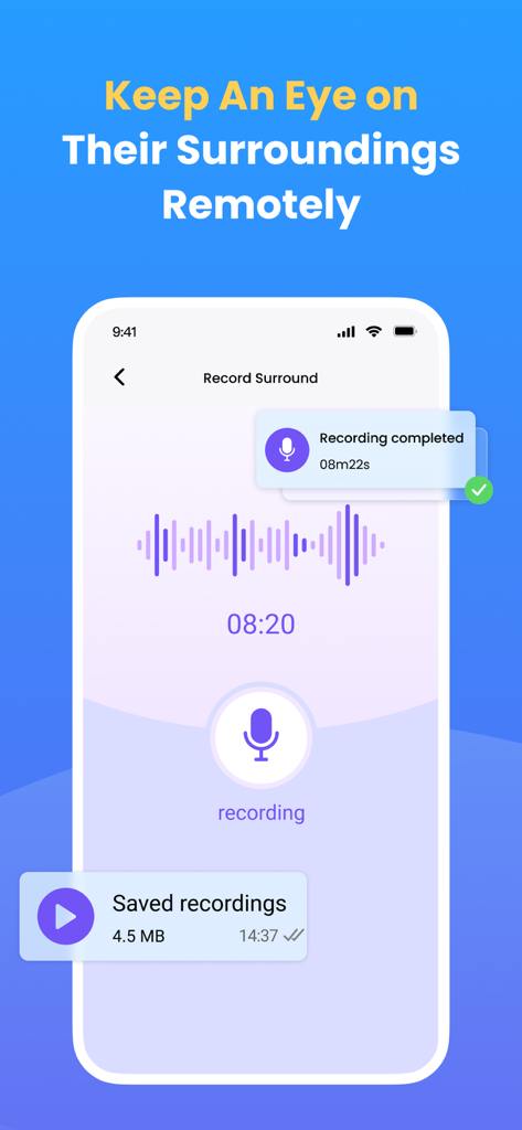 SpyX: Phone Monitoring App - SpyX app screen showing the remote surround recording feature with audio waveform and saved recordings