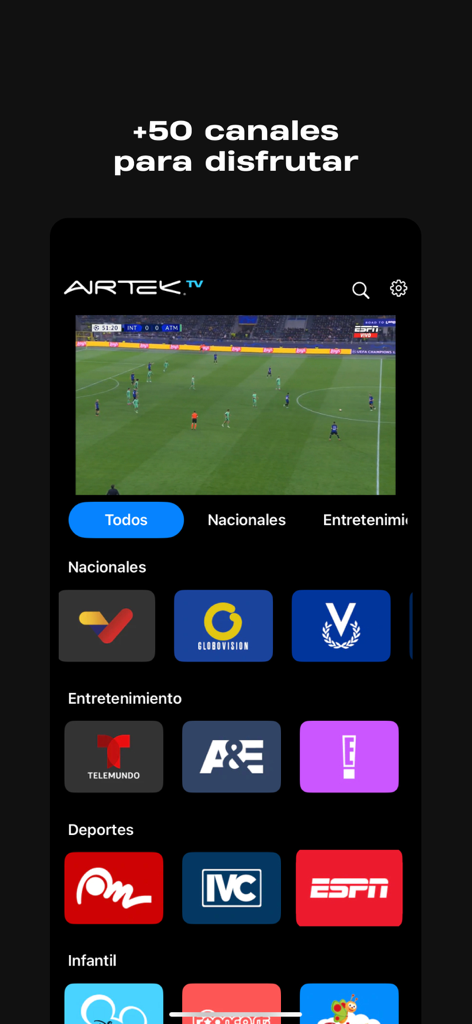 Airtek TV app interface showing a live sports stream and a variety of national and international television channels.