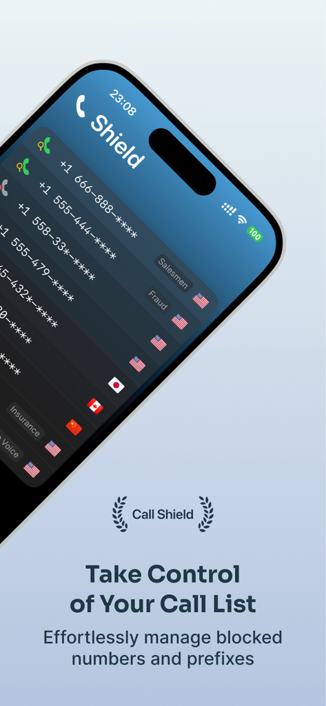 Call Shield: Spam Call Blocker - Interfaz de la aplicación Call Shield mostrando una lista de prefijos de números de teléfono bloqueados y categorías como vendedores y fraude
