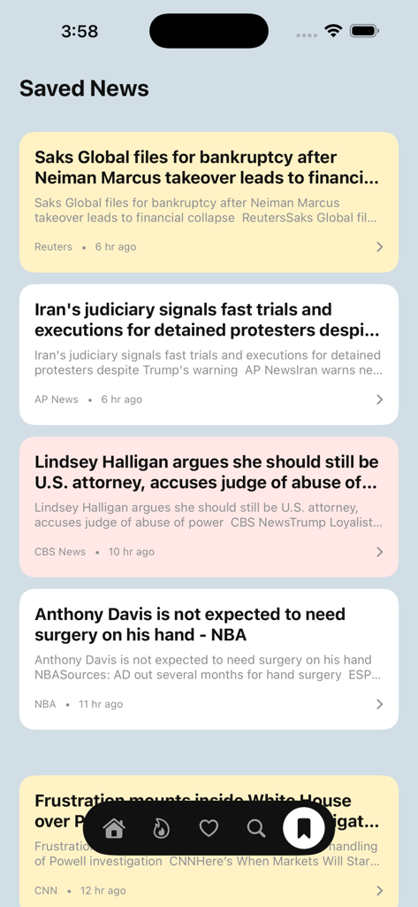 US Breaking News Alerts - Interface of the US Breaking News Alerts app showing a list of saved news stories from various publishers.