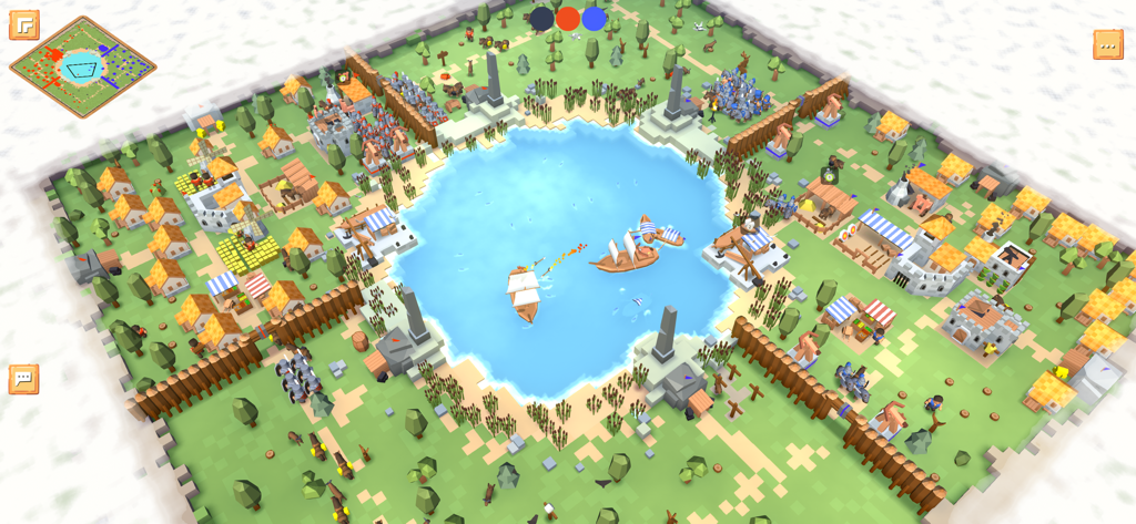 RTS Siege Up! - Low poly medieval village with a central lake and ships in RTS Siege Up.