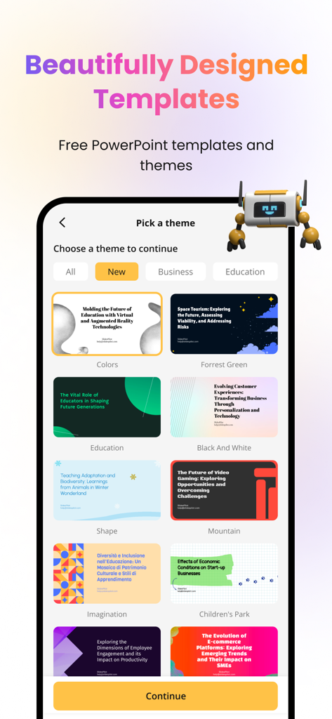 A mobile interface displaying a variety of professionally designed presentation templates and themes in the SlidesPilot app