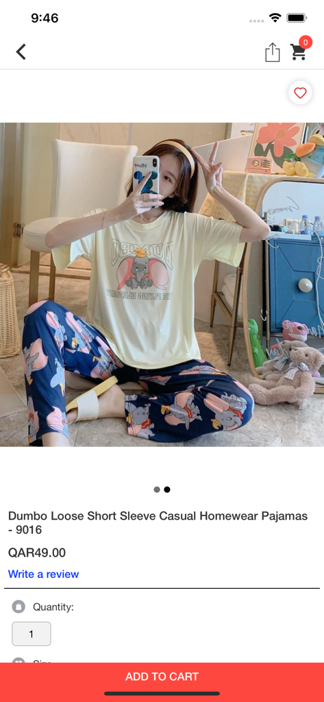 Tuzzut Qatar Online Shopping - Captura de pantalla de la página de producto de la aplicación Tuzzut para pijamas casuales con tema de Dumbo