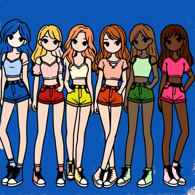 a group of girls wearing crop tops and shorts