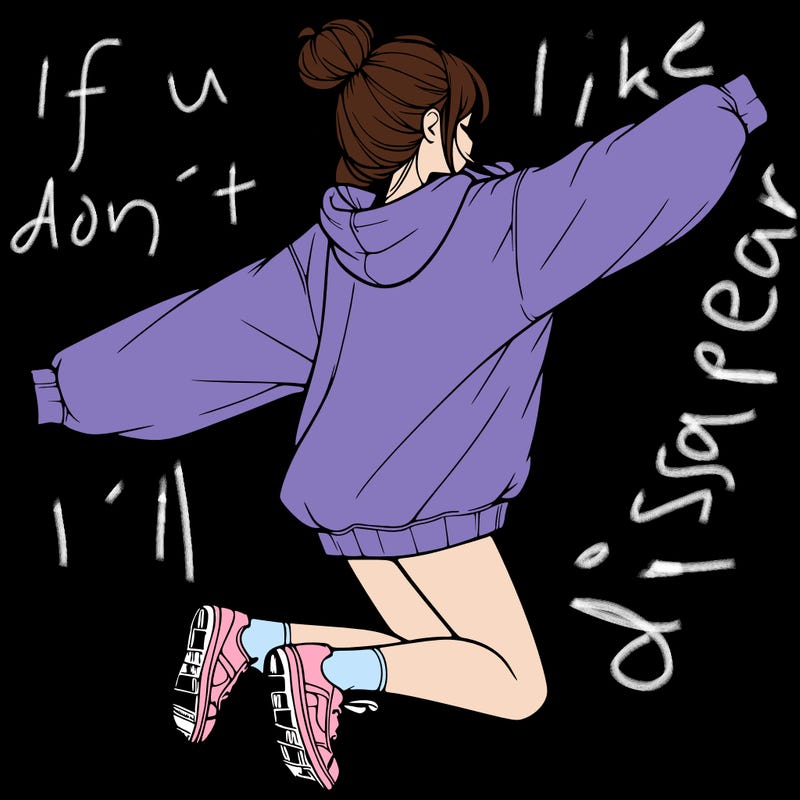 realistic girl jumping with a bun and oversized sweatshirt