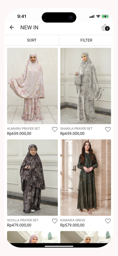 Geulis - Geulis app screen showing a new collection of modest prayer sets and dresses for women