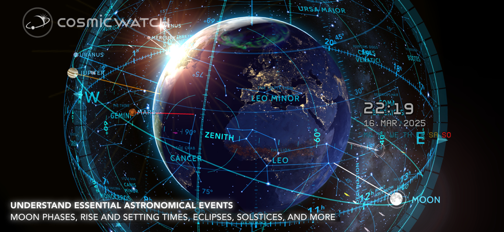 Aplicación Cosmic Watch mostrando un globo terráqueo 3D y constelaciones celestes