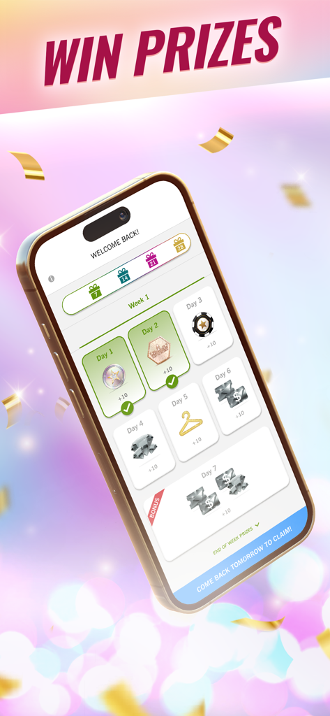 Covet Fashion: Dress Up Game - Calendario de recompensas de inicio de sesión diario en la aplicación Covet Fashion que muestra premios por días consecutivos