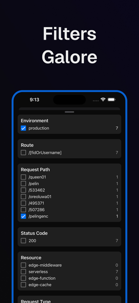 Vercel Mobile — Rev - Advanced log filtering interface in the Rev app for Vercel project management
