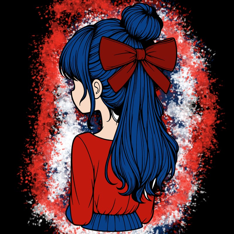 realistic girl  with hip length hair a bun and a big bow on the back of head