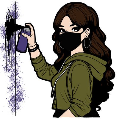 realistic girl with mask spray painting a wall