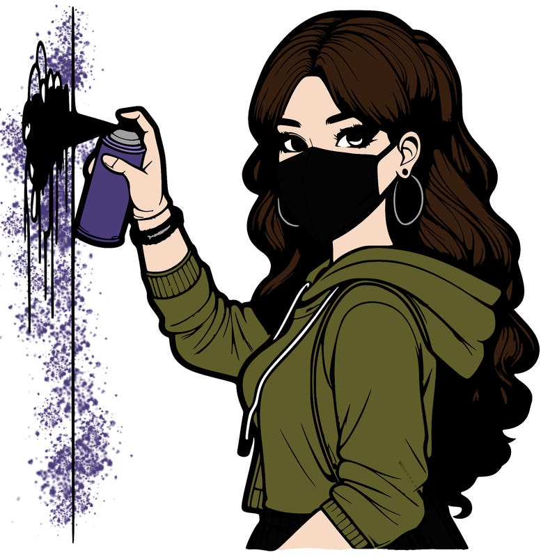 realistic girl with mask spray painting a wall