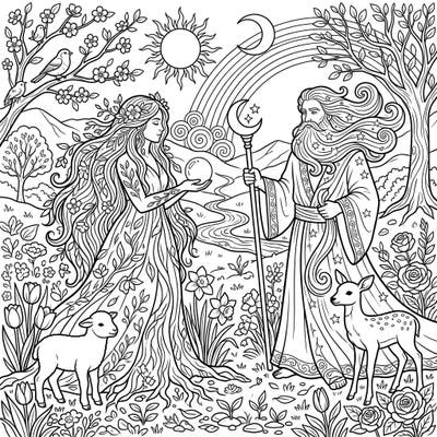 Discover the majestic beauty of Primordial Deities embodying the vibrant spirit of spring in this intricate coloring page. Featuring a nature goddess and ancient cosmic entity surrounded by new life, it's perfect for a creative escape.