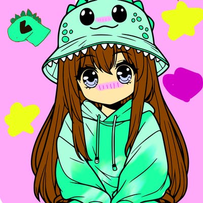 girl with anime shaped eyes with a dinosaur bucket hat oversized sweatshirt long straight hair