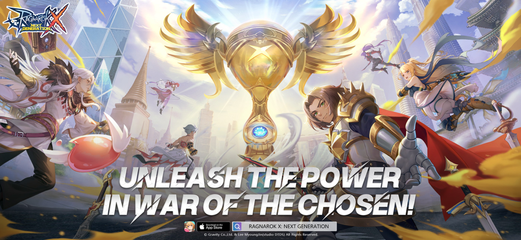 Personnages de Ragnarok X Next Generation entourant un trophée doré avec le texte Libérez la puissance dans War of the Chosen.
