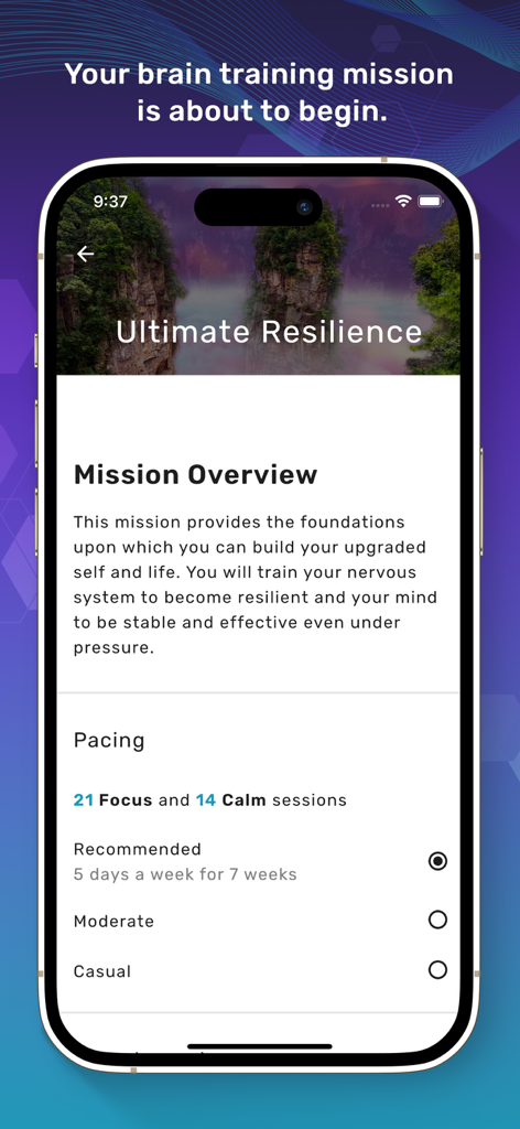 Sens.ai Brain Training - Screenshot of the Sensai brain training app showing the Ultimate Resilience mission overview and pacing options.