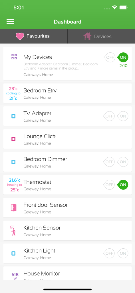Panel de la aplicación MiHome que muestra una lista de dispositivos inteligentes conectados, incluidos termostato y sensores