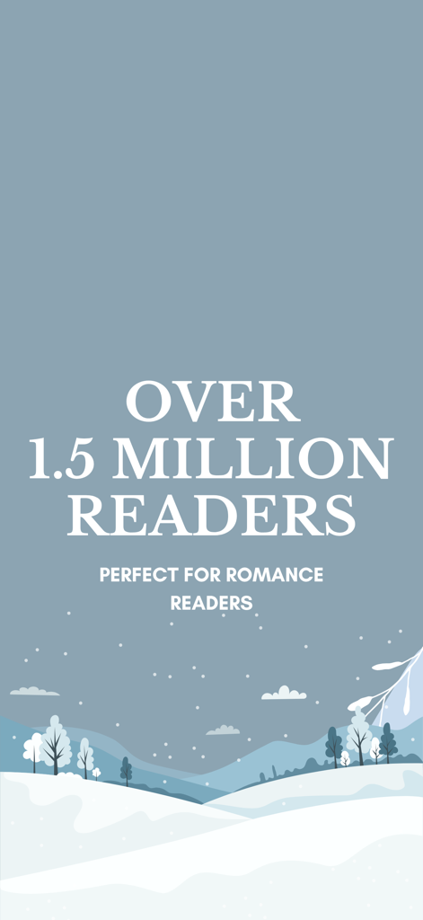 Promotional screen for TBR Bookshelf app featuring text over 1.5 million readers and perfect for romance readers with a snowy winter landscape.