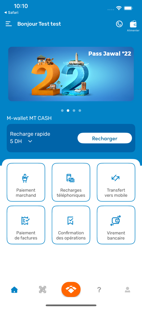 MT Cash - Panel de control de la billetera móvil MT Cash mostrando opciones de recarga de teléfono y pago