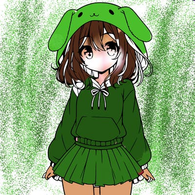 pretty anime girl wearing a fluffy hoodie with bunny ears on the hood and a skirt