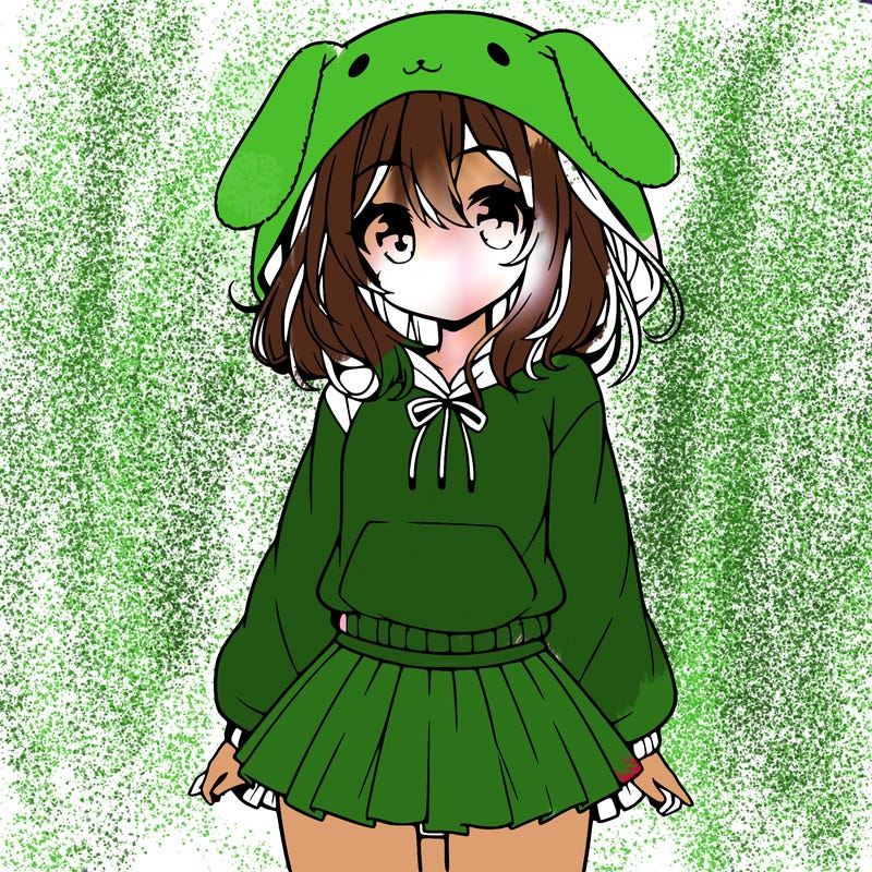 pretty anime girl wearing a fluffy hoodie with bunny ears on the hood and a skirt