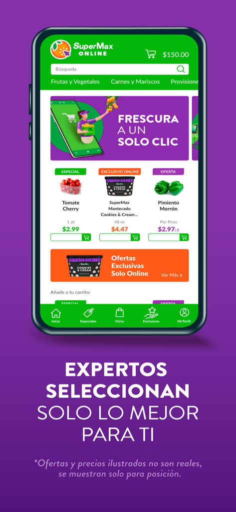 SuperMax Online - SuperMax Online mobile app interface showing fresh produce and online grocery shopping options.