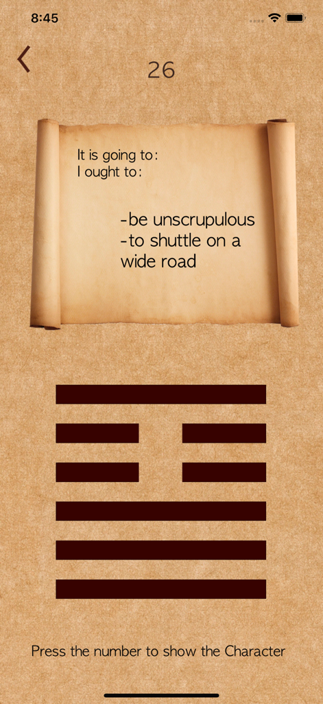 I Ching - Smart Chinese Wisdom - I Ching app interface showing hexagram 26 with a reading on a parchment scroll