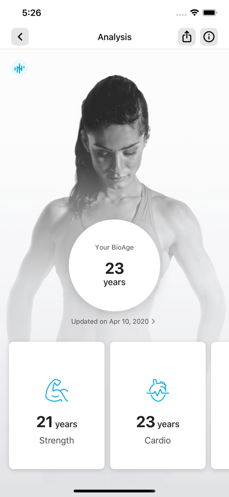 EōS Fitness app BioAge analysis screen displaying strength and cardio metrics
