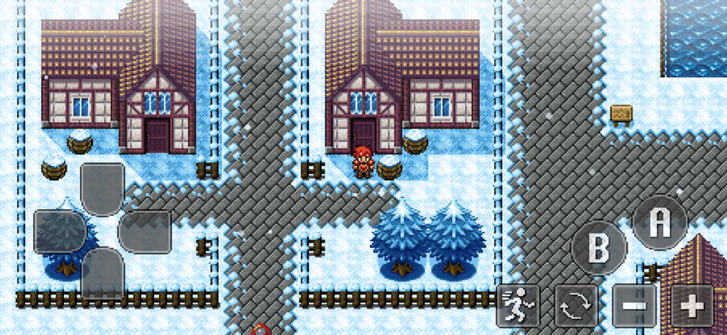 Starlight Legacy - Screenshot de gameplay de Starlight Legacy apresentando um personagem de cabelo vermelho em uma vila nevada com pixel art de 16 bits e controles de toque