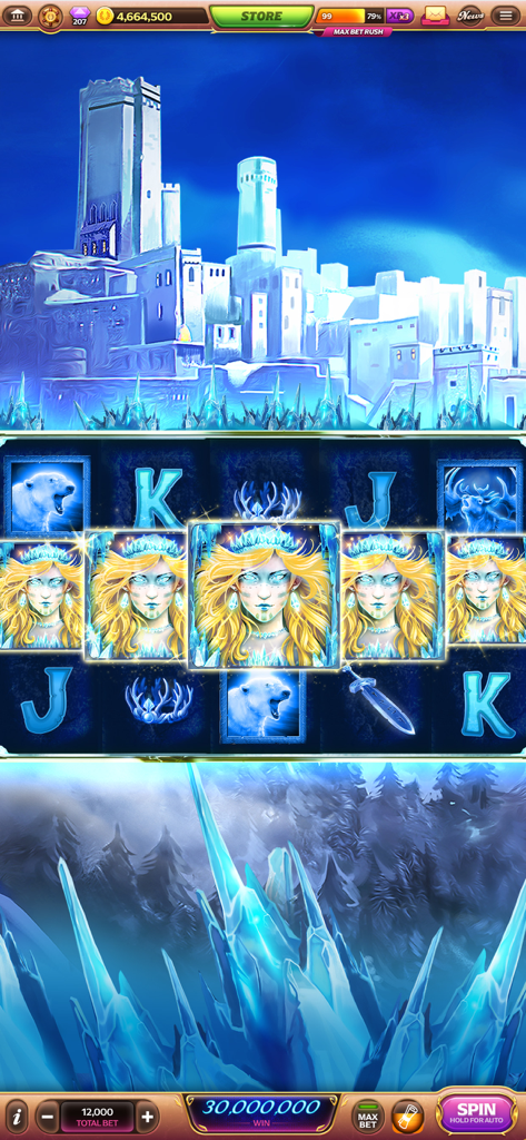 Caesars Slots - Casino Games - Jogabilidade do Caesars Slots apresentando uma máquina de slot com tema de rainha do gelo e uma grande vitória.