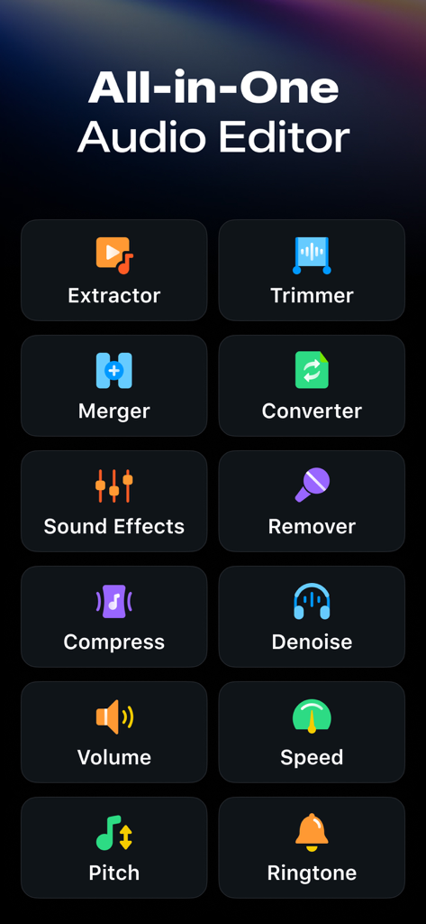 Audio Editor ~ MP3 Converter - Interfaz de la aplicación Audio Editor que muestra varias herramientas como extractor, recortador y convertidor.